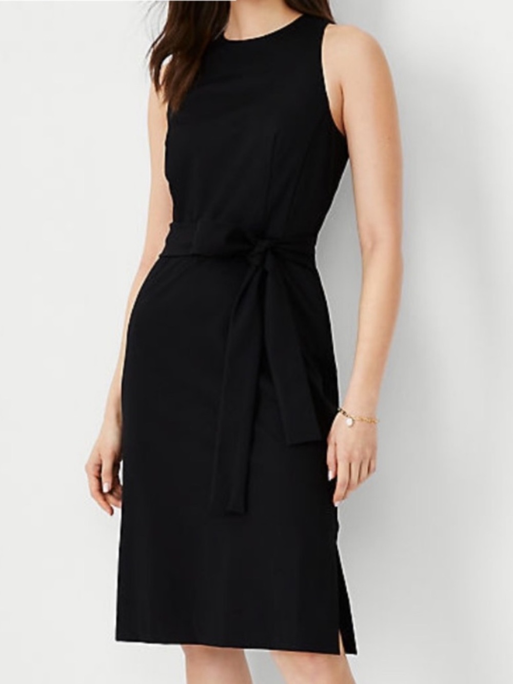 Ann Taylor Black Midi Sheath Dress With Tie Waist